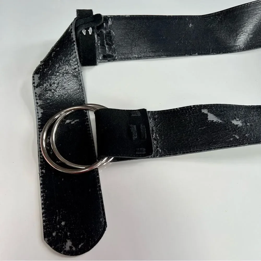 Killer Vintage 1970s Black Oversized Suede Leather Whipstitch Silver Ring Belt